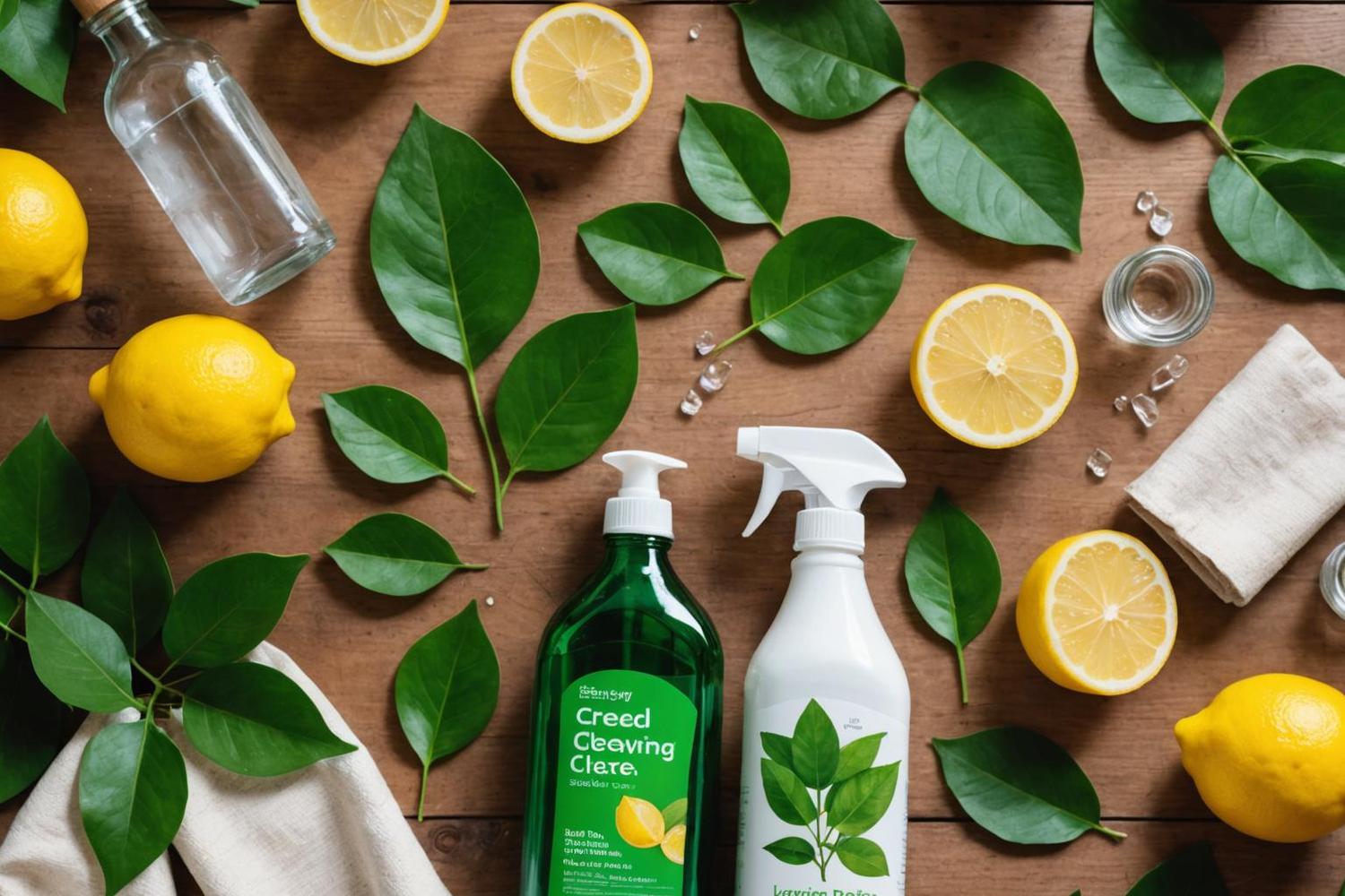 Eco-friendly cleaning supplies including lemon, baking soda, plants and glass bottles