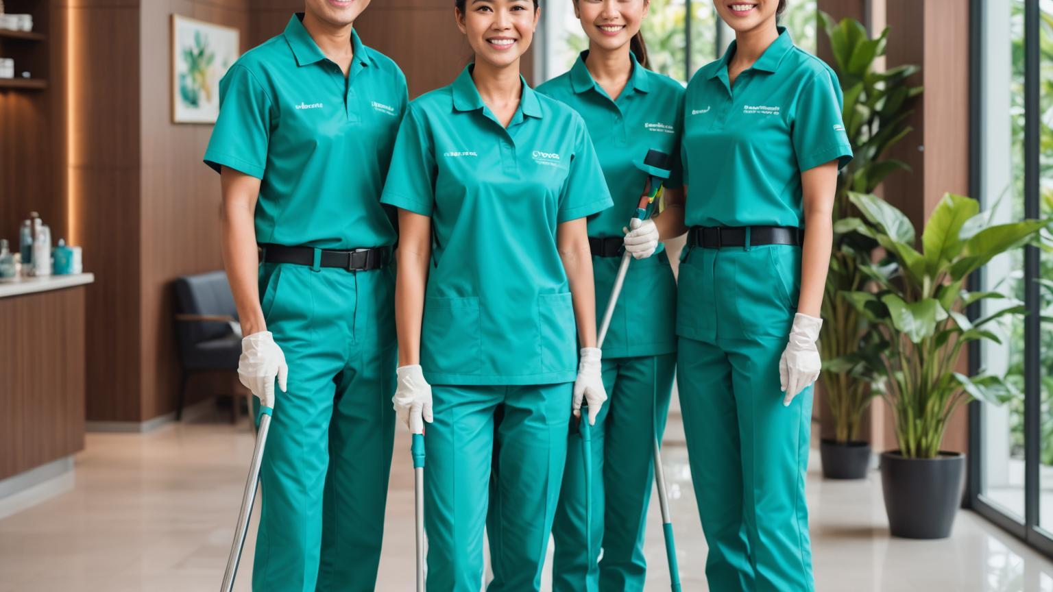 VoxCast cleaning crew in teal uniforms ready for a residential appointment in Kuala Lumpur