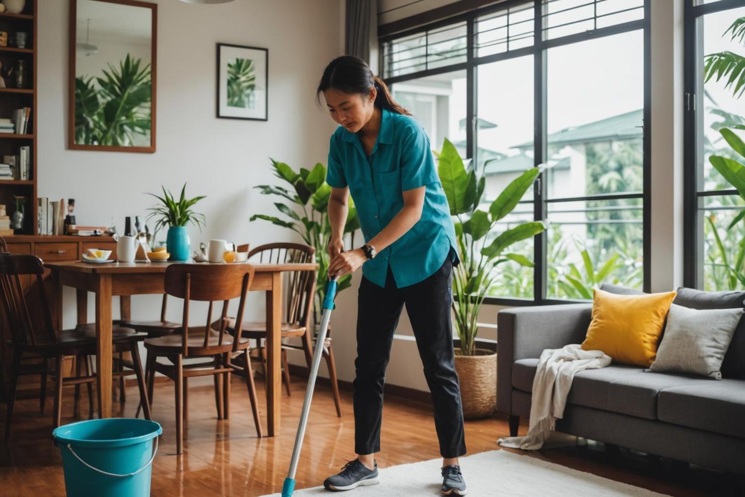 Tropical Malaysian living room being cleaned during the monsoon with a checklist on the table