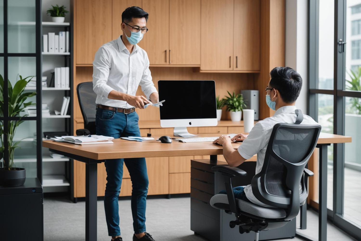 Professional cleaner sanitising an office desk in Kuala Lumpur