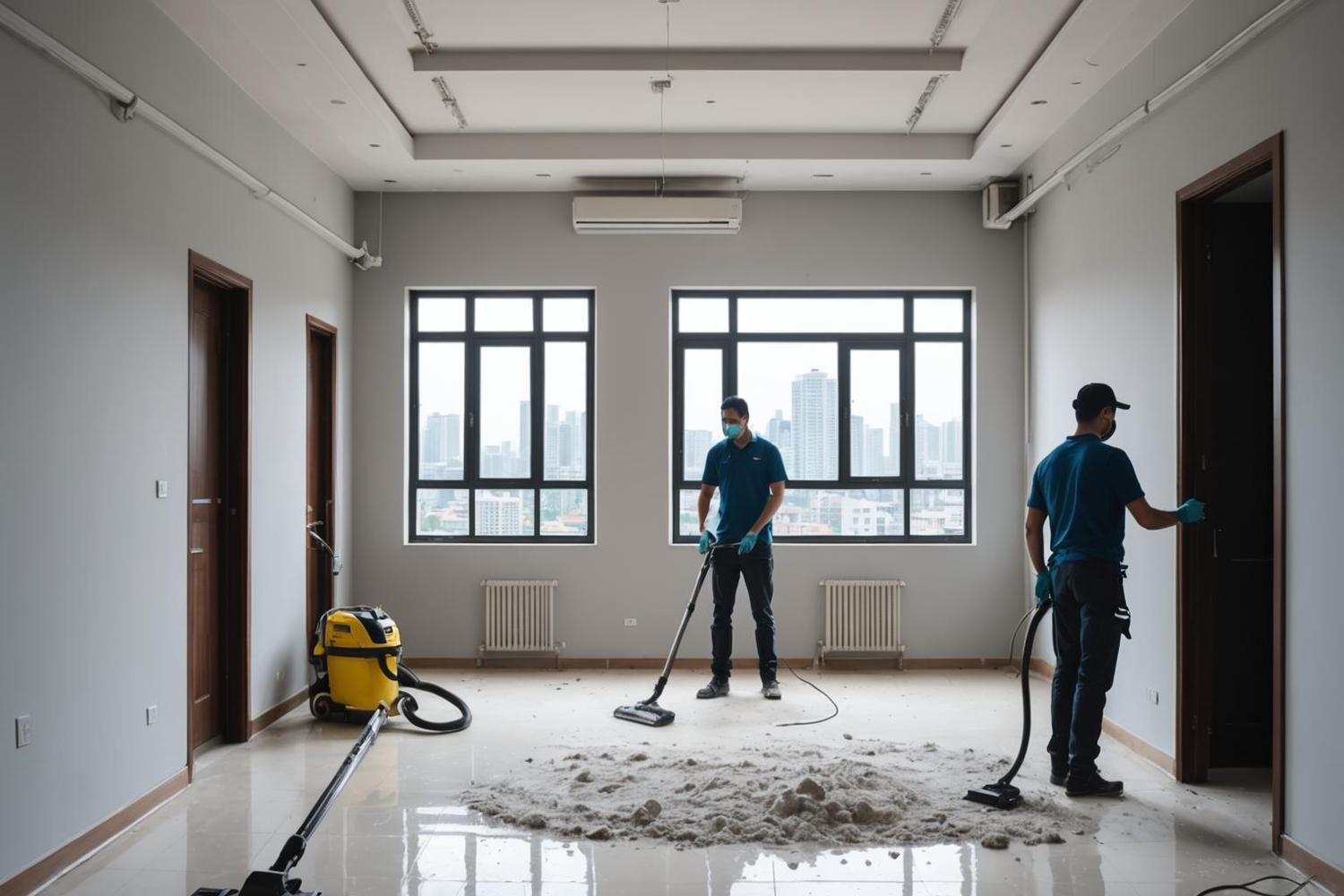 Industrial vacuum removing construction dust during a post-renovation cleaning project in KL